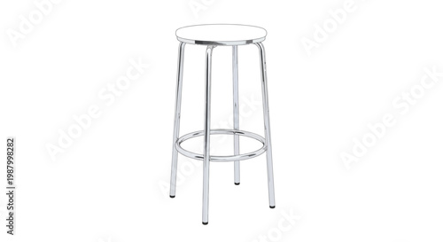 A simple metallic bar stool with a round seat and four legs is isolated on a white background