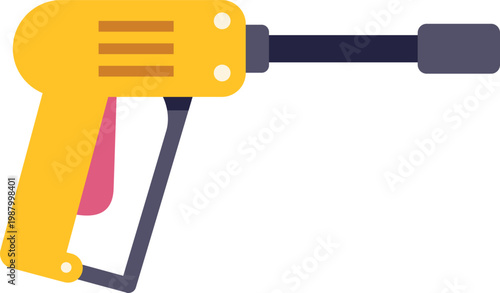 Flat design illustration of a yellow industrial pressure washer spray gun on white background