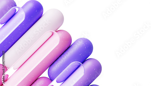 Abstract 3D diagonal rounded line pattern. Geometric border of glass overlapping shapes, color pink blue purple stripes with white dot texture on pastel background, technology banner