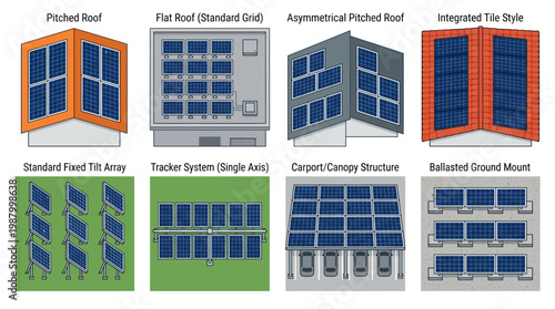 Types of Solar Panel Installations Illustration Featuring Pitched Roof Flat Roof Tracker System Carport and Ground Mount Photovoltaic Systems for Green Energy