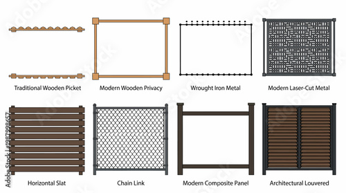 Comprehensive Collection of Various Fence Styles for Garden and Backyard Privacy Including Wooden Picket, Metal Wrought Iron, Chain Link, and Composite Panels