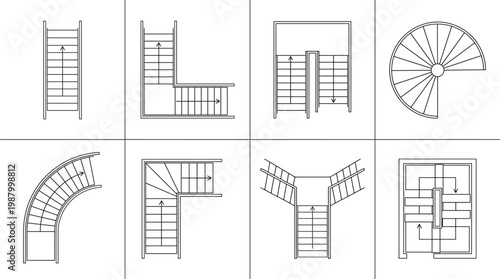 Architectural Staircase Floor Plan Icons Set Featuring Straight L-Shape U-Shape Spiral Curved Winder Bifurcated and Switchback Stair Designs for Building Design
