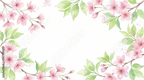 Watercolor spring cherry blossom branches border with copy space
