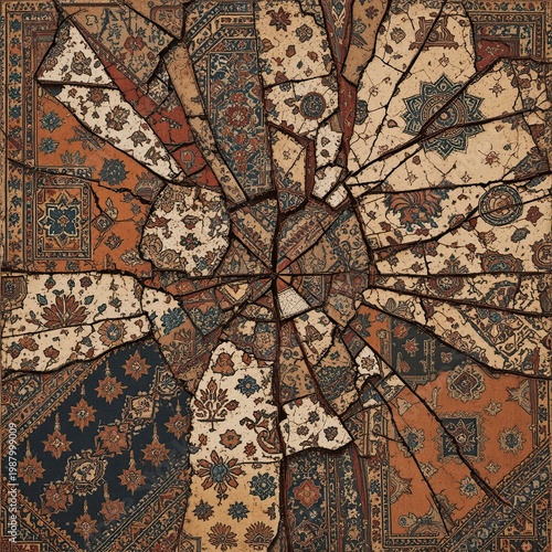 Intricate Persian Rug Fragments in Artistic Display