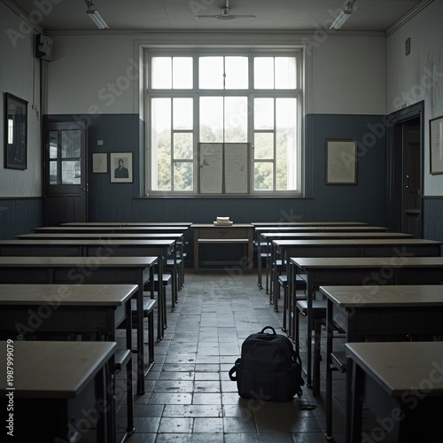 Classroom Setting, Abandoned School, Empty Desks, Indoor Environment, Quiet Atmosphere