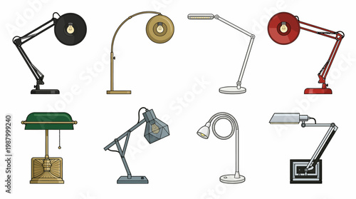 Collection of Eight Diverse Desk Lamp Illustrations Featuring Vintage Architect Style, Modern LED, and Classic Banker's Lamps for Office and Home Interior Design.