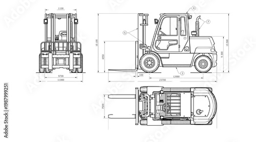 Heavy Duty Forklift CAD Blueprint, Industrial Vehicle Technical Drawing Front Side Top Views