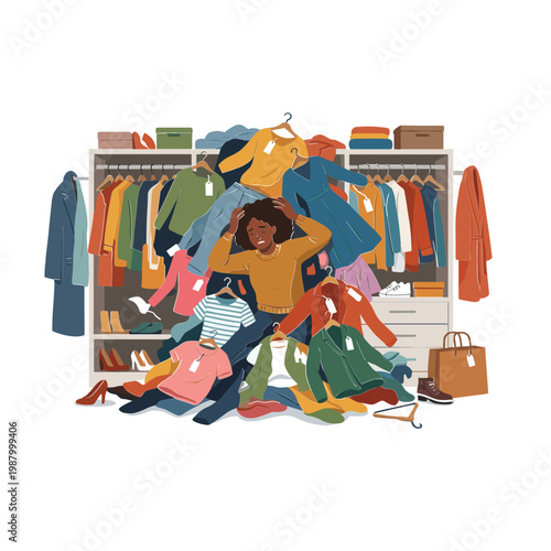 A woman rummages through a disorganized closet filled with clothes and boxes.