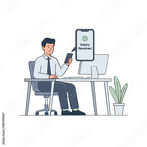 Man sitting at desk receiving salary on phone with computer