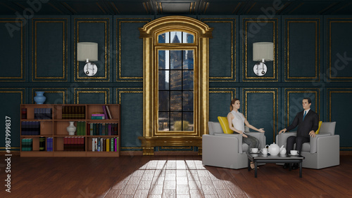 Interno giorno. Coppia, uomo, donna, si rilassano in pltrona. Pausa the, caffè in elegante antica stanza con finestra su panorama.