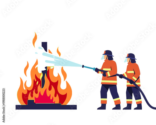 Two firefighters in uniform bravely extinguishing a large, intense fire with water from a hose.