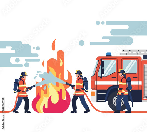 Firefighters in uniform bravely extinguishing a large blaze with water from a fire truck.