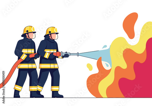 Two firefighters in uniform bravely extinguishing a large fire with a water hose.