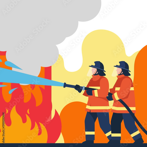 Two firefighters in uniform bravely battling a raging building fire with a water hose, surrounded by smoke and flames.