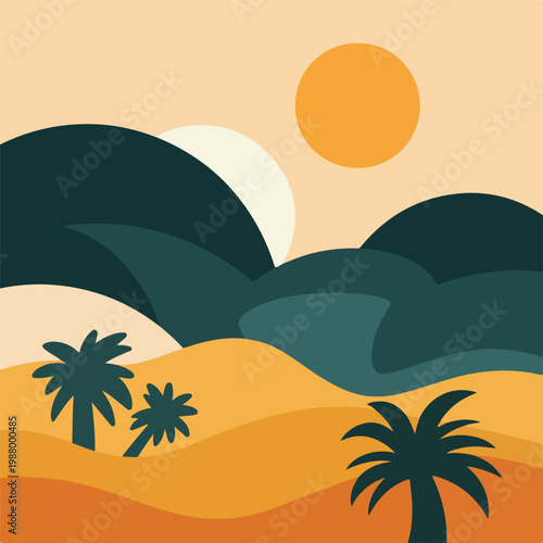 Desert landscape illustration with palm trees and rolling sand dunes under warm sun featuring abstract shapes and earth tone color.