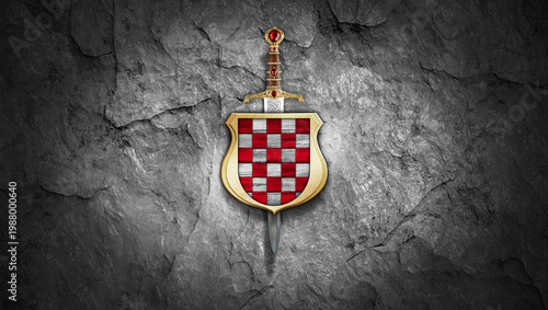 Vintage sword and shield on a rock background