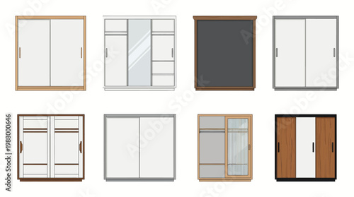 Set of Modern Wardrobe and Closet Vector Illustrations for Interior Design Flat Icons of Sliding Door Cupboards Storage Furniture for Bedroom and Dressing Room