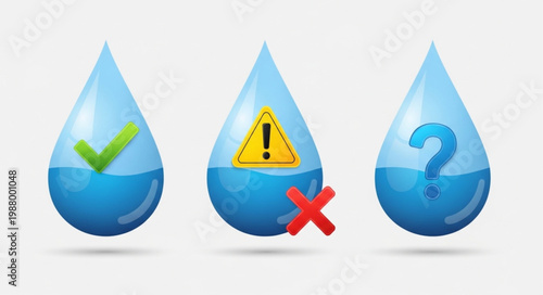Three water drops with different symbols indicating status.