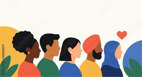 Diverse people side profile inclusion and unity flat vector illustration.