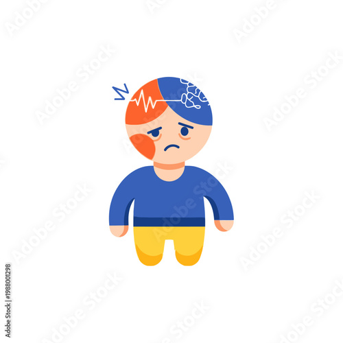 Cartoon illustration of a person suffering from headache and migraine, brain pain concept