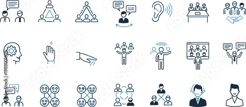 Communication and teamwork line icons set with people, collaboration, support and social interaction symbols isolated on white background for business and networking design concepts