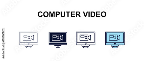 computer video multi-style outline icon set - computer concept. Thin line, regular, filled, colored computer video icon