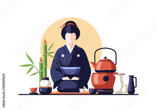 Traditional Japanese Tea Ceremony Illustration - Minimalist Vector of Woman in Kimono with Bamboo and Teapot