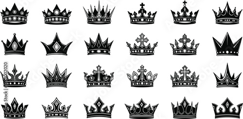 Royal crown silhouettes set with various king and queen crowns isolated on white background for luxury, monarchy, heraldry and emblem design concepts