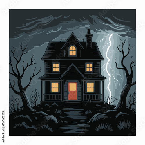 Spooky haunted house silhouette under dark stormy sky with bright lightning bolt and dead trees in eerie night atmosphere scene.