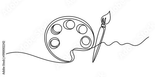A continuous one line drawing of a paint palette and a brush for artistic creative projects now Vector, illustration