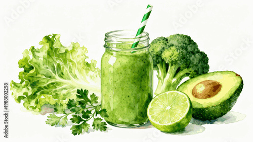 Healthy Green Drink Art Watercolor Green Smoothie isolated watercolor vector illustration svg