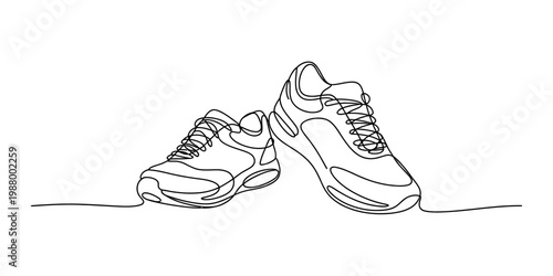 Continuous line art drawing of a pair of modern sports running shoes for athletic activity design. Vector, illustration