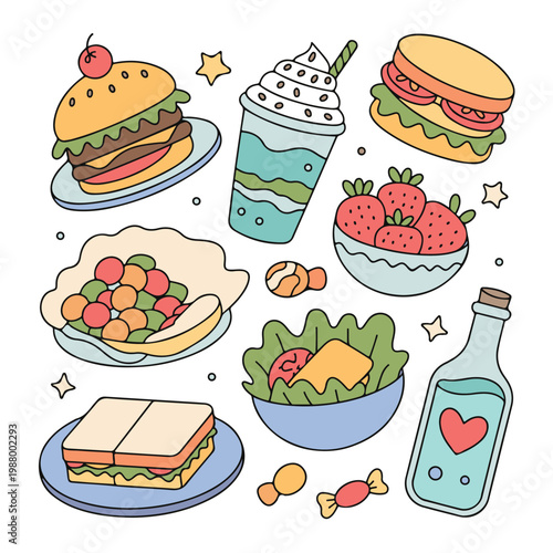 Cute hand drawn food stickers collection including burgers sandwiches milkshakes and fresh strawberry bowl in cartoon doodle style.