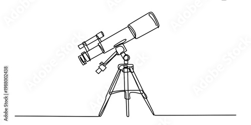 A single continuous line drawing of an astronomical telescope set up on a steady metal tripod Vector, illustration