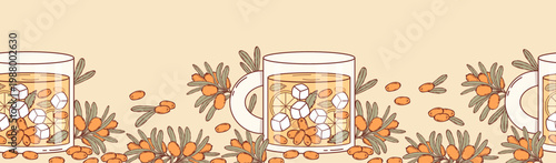 Sea Buckthorn Iced Tea Seamless Border. Template with Refreshing Drink in Glass Cup with Orange Berries, Ice Cubes, Mint and Citrus on Light Background. Vector Horizontal Illustration Ribbon