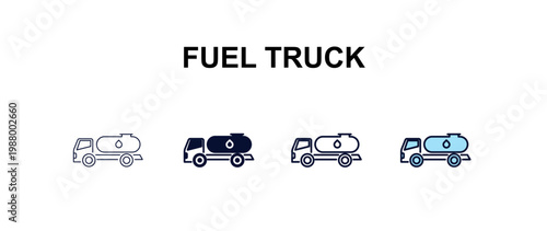 fuel truck  multi-style outline icon set - construction concept. Thin line, regular, filled, colored fuel truck  icon