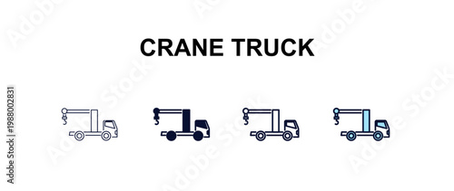 crane truck  multi-style outline icon set - construction concept. Thin line, regular, filled, colored crane truck  icon