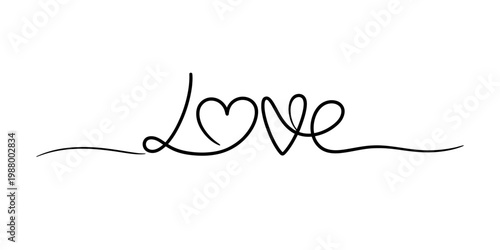 Minimalist continuous line art design featuring the word love with a heart shape incorporated Vector, illustration