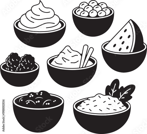 Healthy food bowls collection with yogurt fruit berries cereal and salad for morning meal planning and vegetarian menu graphics.