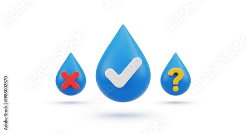 Water drop icons with check mark cross and question mark.