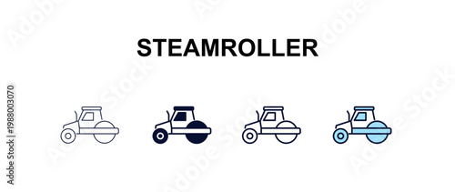 steamroller  multi-style outline icon set - construction concept. Thin line, regular, filled, colored steamroller  icon