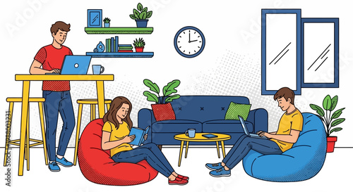 Young people working and relaxing in a modern office space.