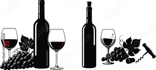 Wine bottle silhouette, red wine glass, grape cluster illustration, corkscrew design icon, vineyard culture art, elegant drink symbol