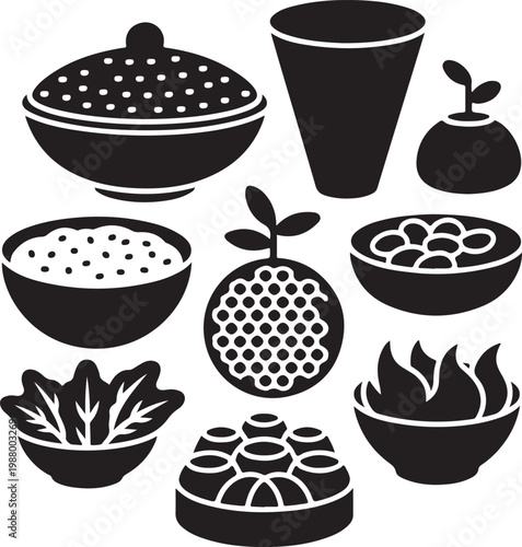 Solid black icon set of various cereal bowls grain porridge and plant based snacks for healthy breakfast and kitchen inventory.