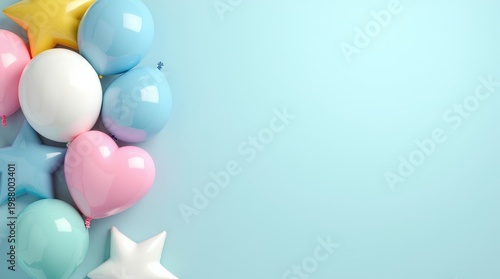 Colorful balloons and heart shapes on pastel blue background with copy space. Festive party concept with playful decorations, soft tones and cheerful mood, ideal for birthday celebration