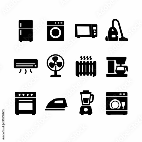Various home appliances icons including fridge, washing machine, and microwave