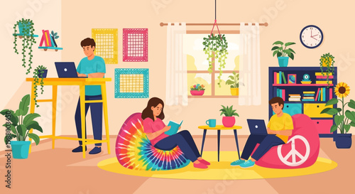 Young people working and studying in a cozy living room.