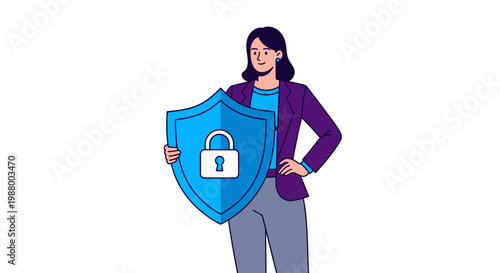 Woman holding a shield with a lock symbol representing security.