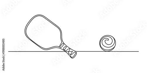 A continuous one line drawing of a pickleball paddle and a ball sitting on a flat horizontal line Vector, illustration