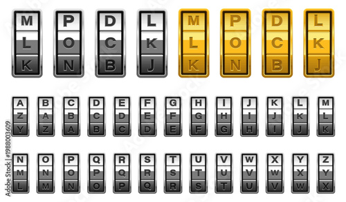 Combination lock dials with alphabetical characters. Vector illustration.